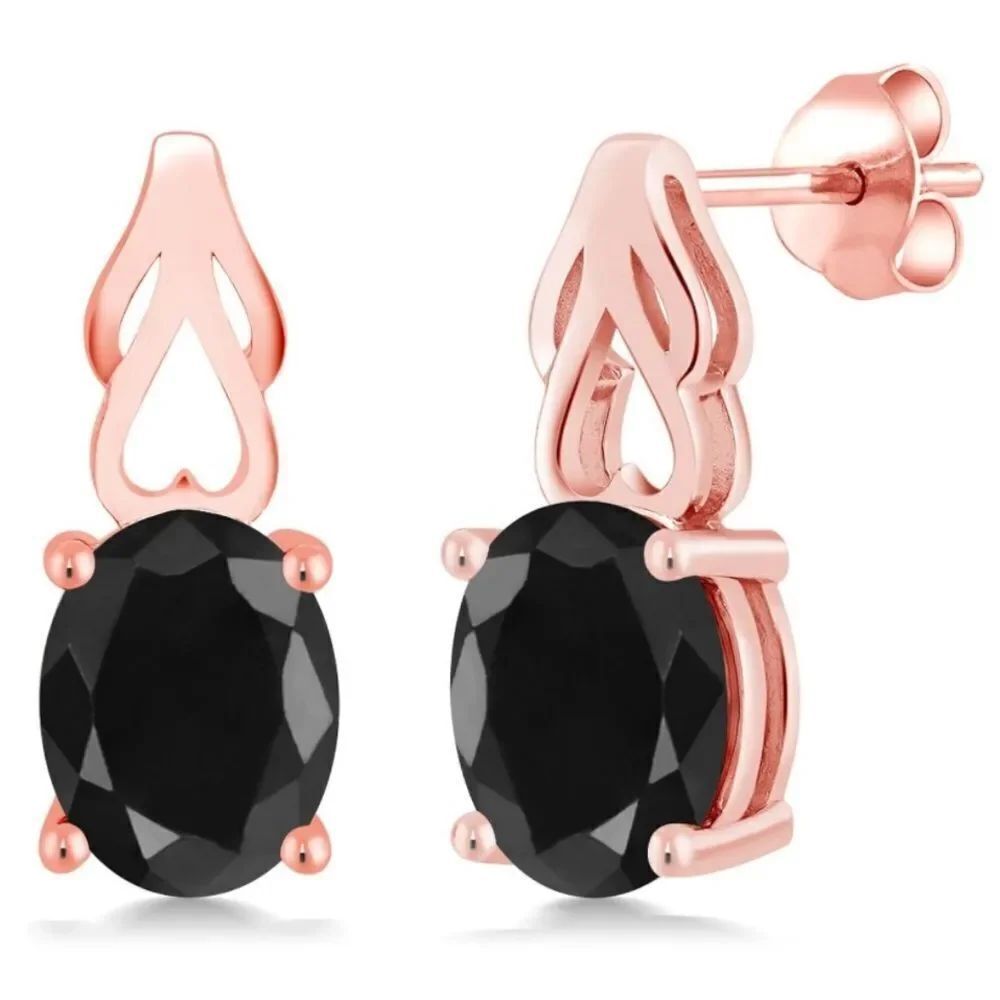 18K Rose Gold 925 with 5.08 Cttw Black Sapphire Oval Post Back Drop Earrings